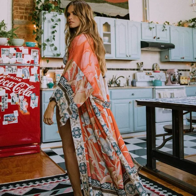 Floal-ups de Bikini con estampado bohemio para mujer, vestido tipo kimono largo con cinturón y abertura frontal, Túnica de playa, traje de baño para cubrir