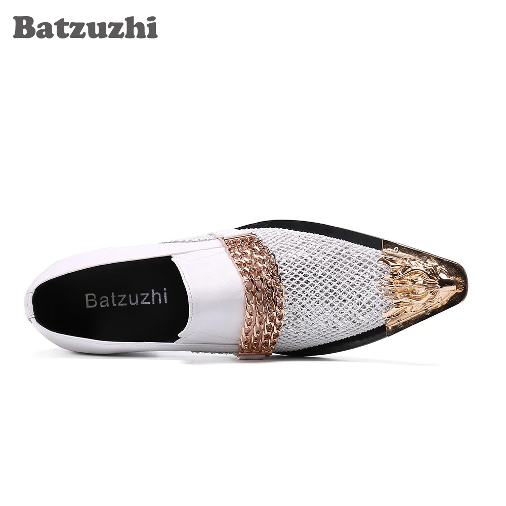 Batzuzhi Men Dress Shoes Italian Type Formal Genuine Leather Shoes Men Pointed Toe White Blink Wedding Shoes, Big Sizes 38-46