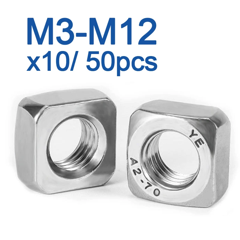 10/ 50pcs A2-70 Stainless Steel Square Nuts Din557 M3 M4 M5 M6 M8 M10 M12