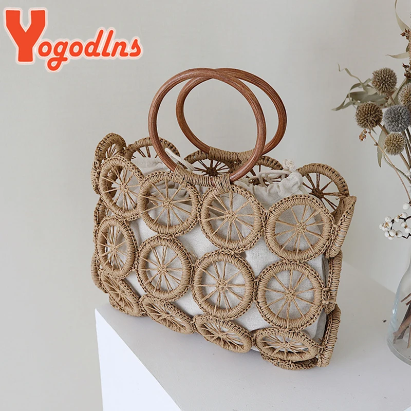 Yogodlns Summer Hollow Out Straw Bag Women Handmade Weave Handle Bag Beach Ladge Capacity Handbag Casual Rattan Lady Beach Bag