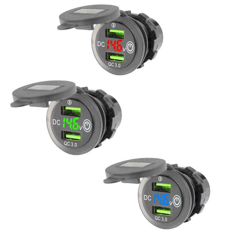 USB Car Charger Socket Dual QC3.0 Port Quick Charge 12V 24V Car Adaptor with LED Digital Voltmeter Touch Switch for Marine Boat