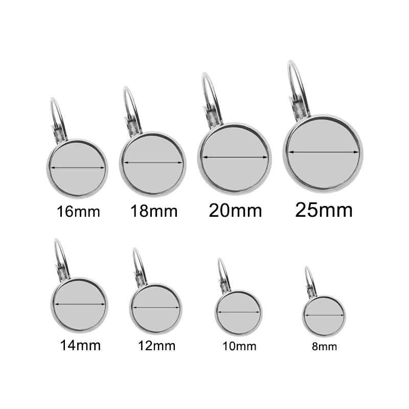 10pcs Round French Earring Hooks Earrings Base 8mm 10mm 12mm 14m 16mm 18mm 20mm Stainless Steel Cabochon Bezels Tray Settings