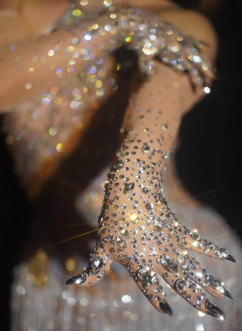 Guantes elásticos de lujo con diamantes de imitación para mujer, guantes largos de malla de cristal brillante, bailarina, cantante, club nocturno,