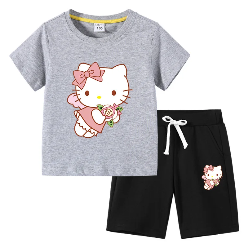 

Hello Kitty Children Short-Sleeved T-shirt Set Cotton Baby Children's Clothing Boys And Girls Half-Sleeved Shorts Two-Piece Suit