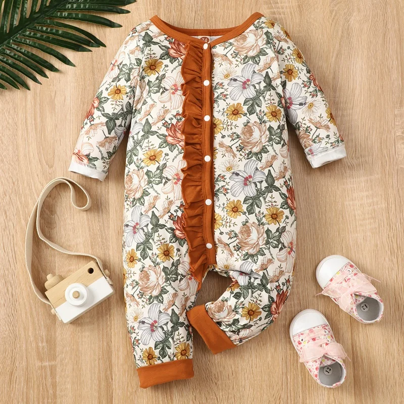 Baby Clothes Spring Fall Baby Girl Rompers Floral Print Ruffles Single Breasted Long Sleeve Baby Rompers Baby Jumpsuits 0-18M