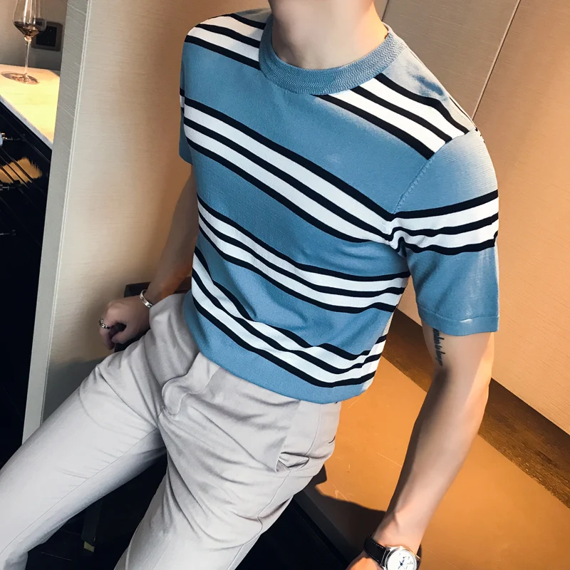 Knitted Stripe Short Sleeve T-Shirt 2020 Summer Tee Shirt Homme High Quality Slim Fit Round Collar Solid Bottom Men T Shirts