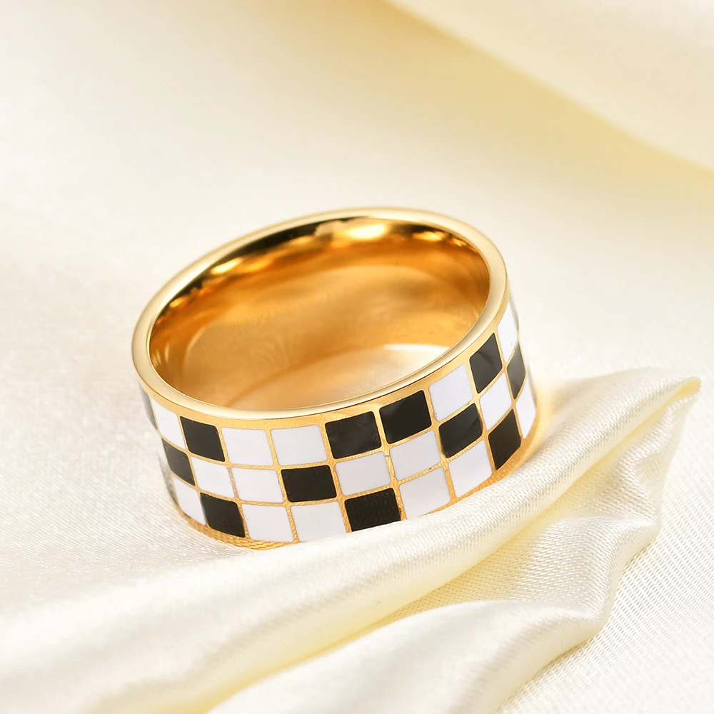Classic Enamel Black White Checkerboard Grid Y2K  Jewelry Chunky Rings For Women Stainless Steel Gemetric Dome Rings Accessories