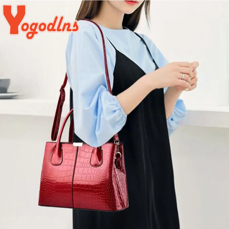 Yogodlns Luxury Bright Leather Handbag Female Alligator Crossbody Bag Large Capcaity Shoulder Bag Fashion Mommy Bag Totes