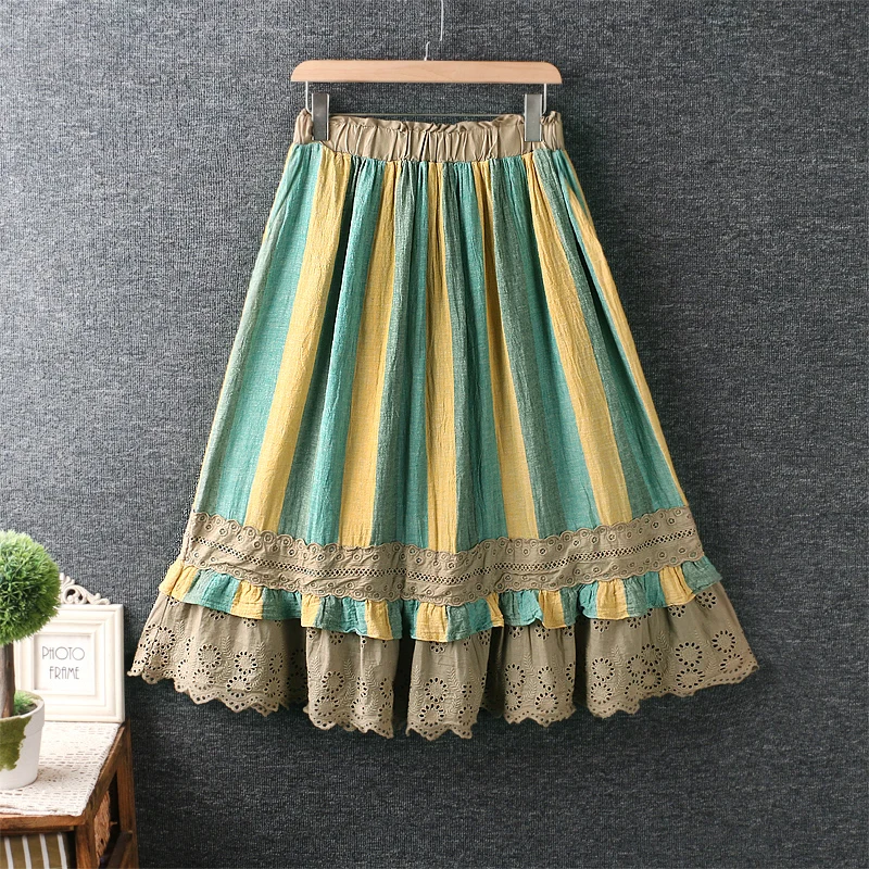 

Summer new women's sweet small fresh elastic waist striped cotton and linen long skirt embroidery lace dress loose