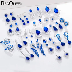 BeaQueen Leaf Flower Teardrop Cubic Zircon Royal Jewellery Big Dark Blue CZ Crystal Long Dangle Wedding Earrings for Women E293