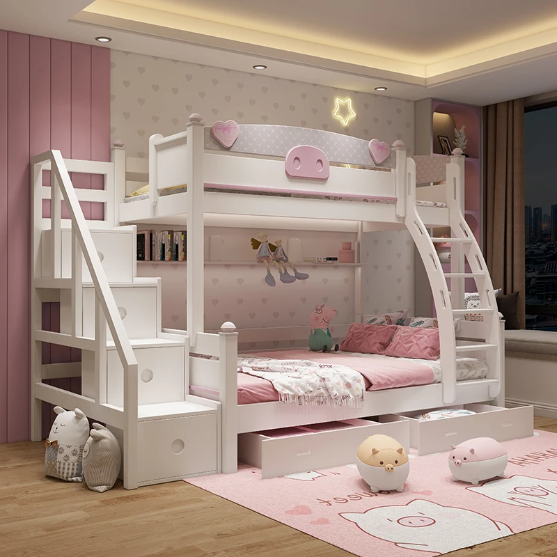 All solid wood  high and low bed children's bed girl princess bed multi-functional solid wood bed two-layer twin bed