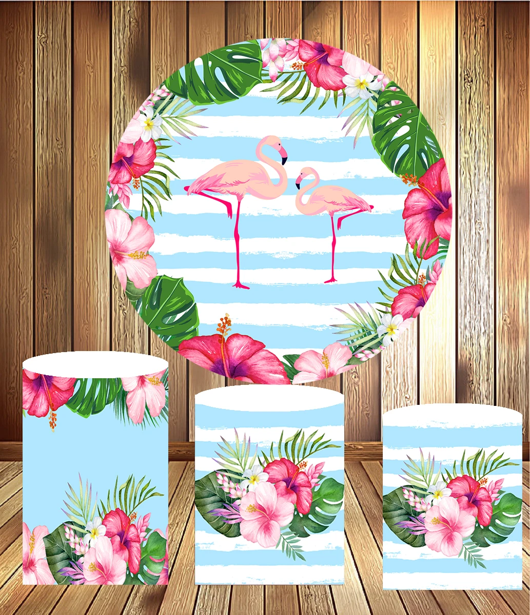 

Round circle panel summer Flamingo tropical plant flower birthday dessert table decor elastic fabric 3 cylinder plinths cover