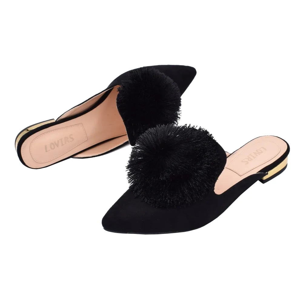 Lovirs Mules for Women Puff Pom poms Slip On Loafers Backless Green Mule Pointed Toe Velvet Mule Slides Slippers Shoes