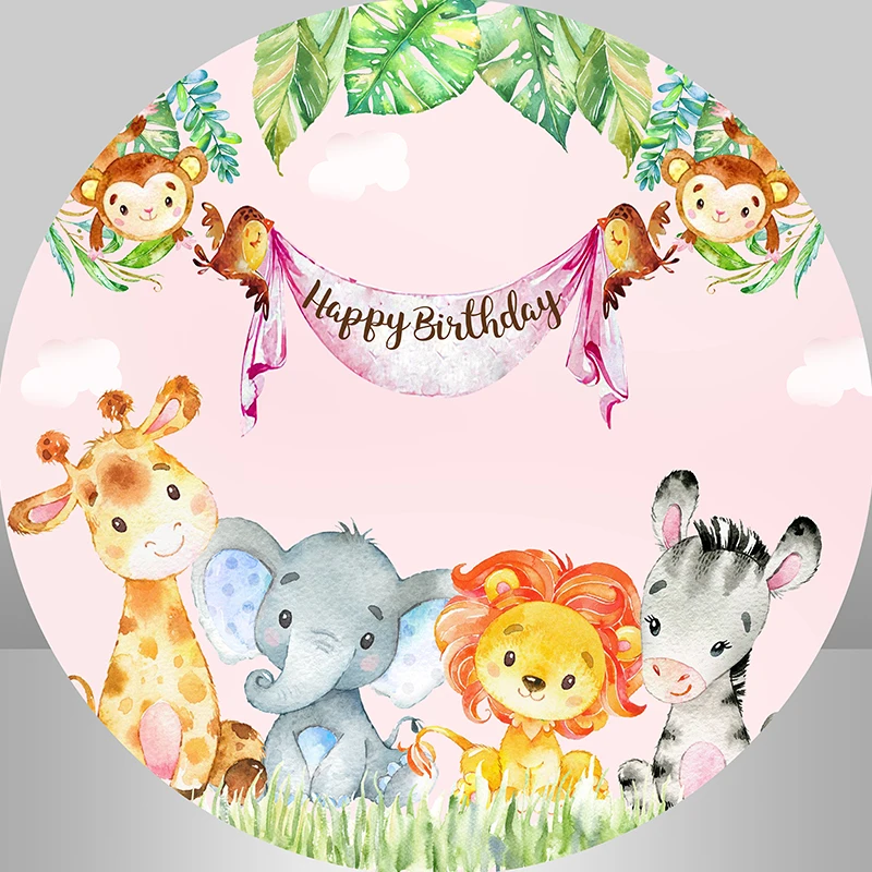 

InMemory Cartoon Animals Safari Jungle Round Backdrop Cover Lion Elephant Giraffe Zebra Pink Girls Birthday Party Background