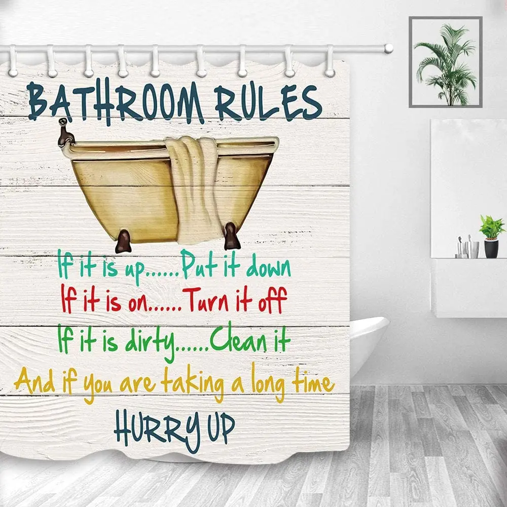 Funny Quotes Bathroom Rule Shower Curtains Vintage Bathtub on Rustic Cabin Wooden Polyester Fabri Bathroom Accessory