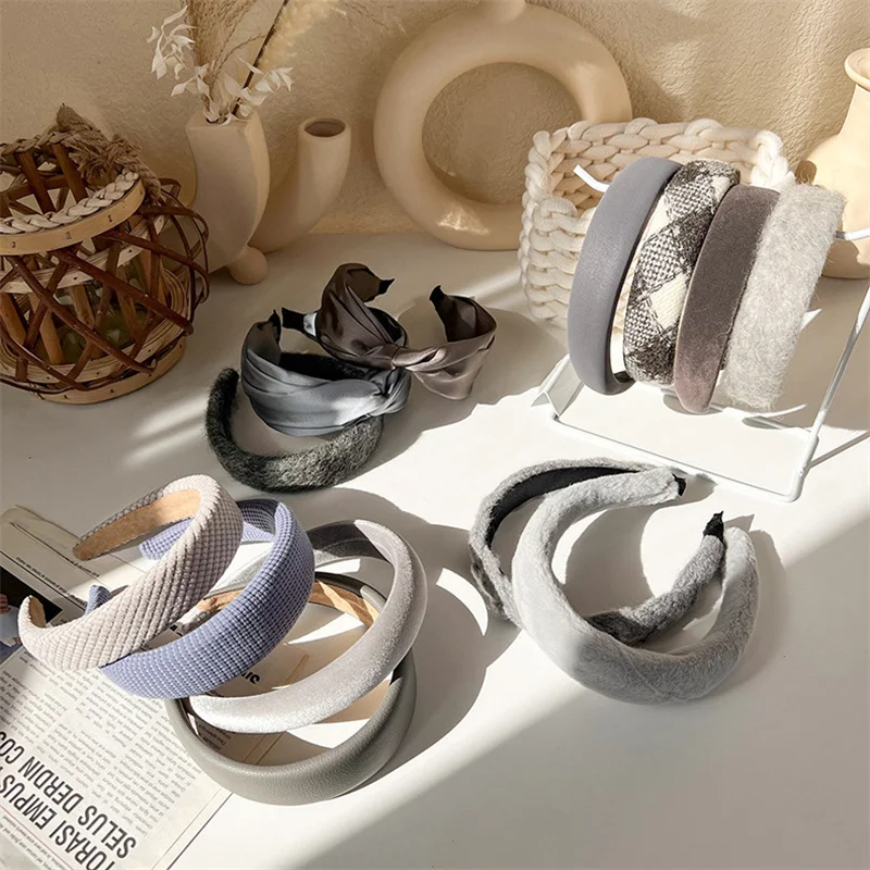 Korea Fashion Gray Series Sponge Hairband Wide Padded Headband Womens Girl Solid Color Knotted Hairbands Hair Hoop Accessories