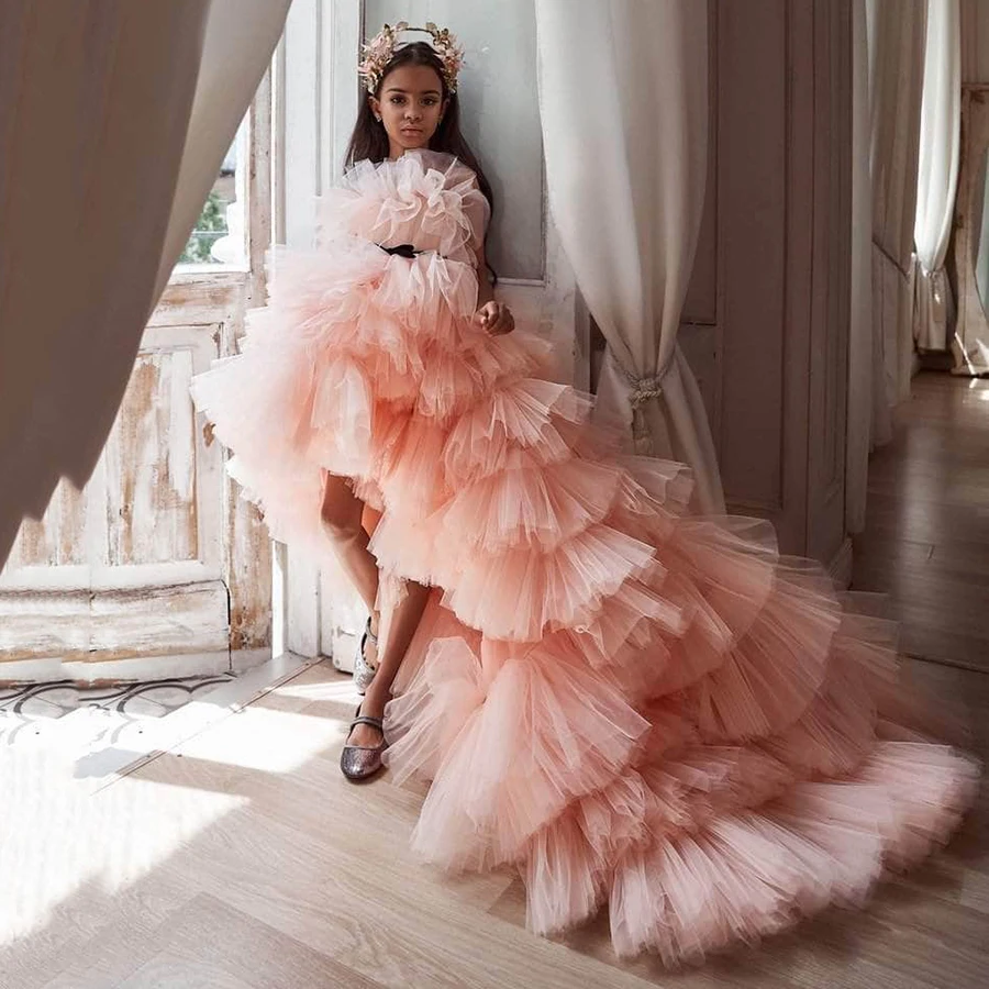 Yipeisha น่ารัก Ball ชุดดอกไม้ชุดสำหรับงานแต่งงานชุด High-Low Tulle วันเกิดเด็กชุดเจ้าหญิง First communion