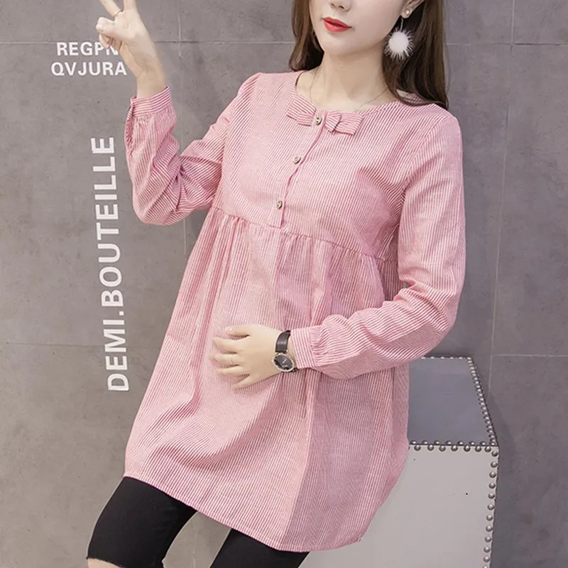 Shirts For Pregnant Women Bow Spring Loose comfortable Pregnancy Top Blouses Fashion Striped Maternity Clothes Casual shirtdress