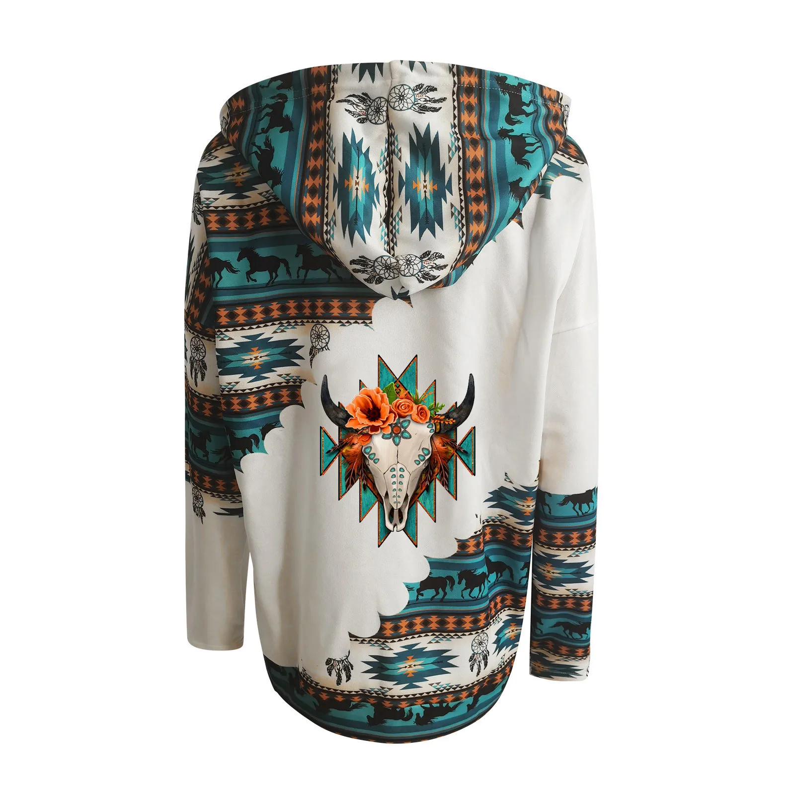 Harajuku Hooded Women\'s Hoodies Western Ethnic Print Sweatshirt Hoodie Vintage Casual Aztec Print Long Sleeve Shirt Pullover Top