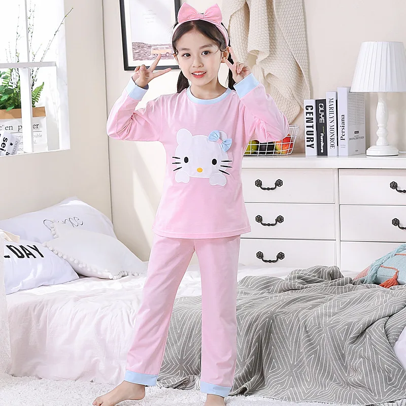 

Hello Kitty Childrens New Printed Long-Sleeved Pants Pajamas Two-Piece Girl Pure Cotton Comfortable Round Neck Cute Home Service