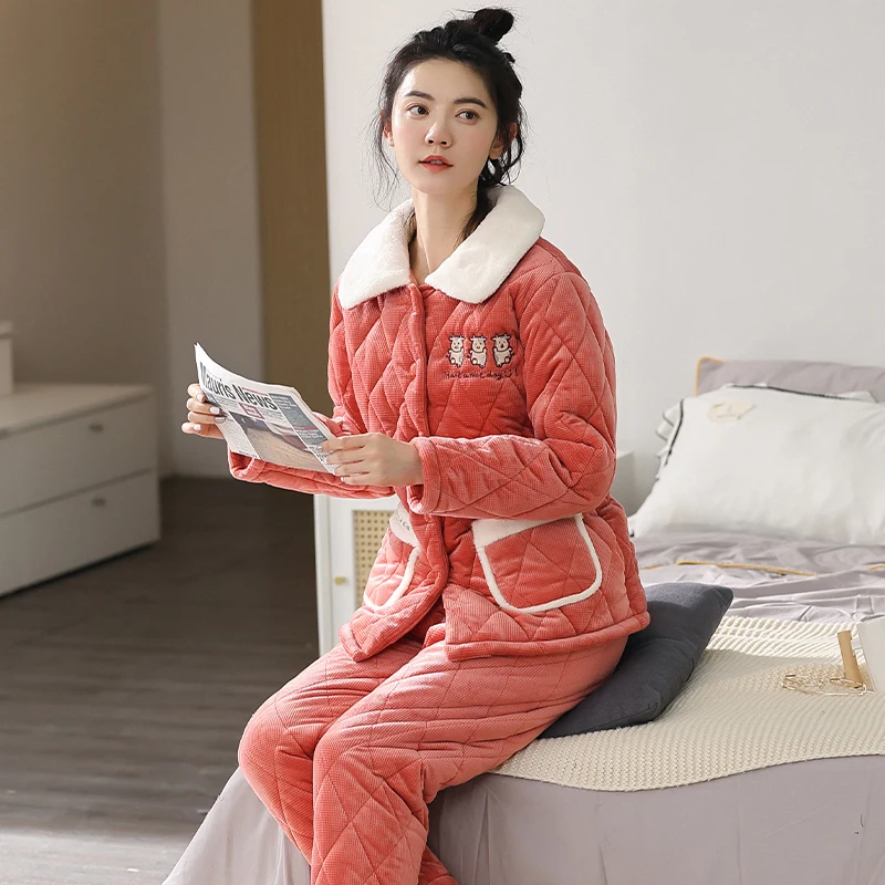 Winter Thick Warm Women's Three Layer Cotton Pajamas Set Cartoon Long Sleeve Turn-down Collar Female Clip Cotton Pijama