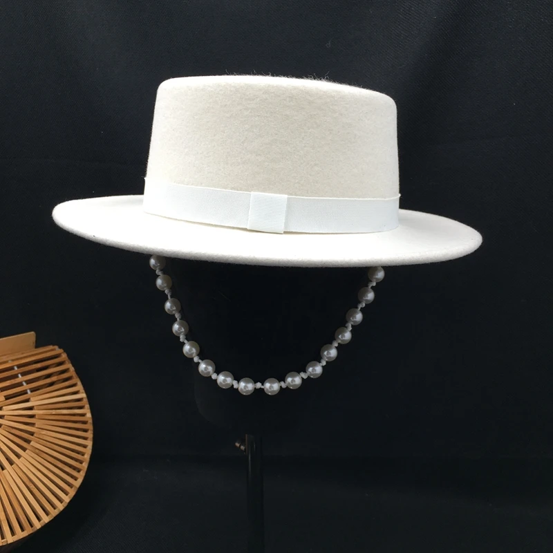 New England socialite lady about hat white wool felt hat  party essence absorption tidal flat top hat