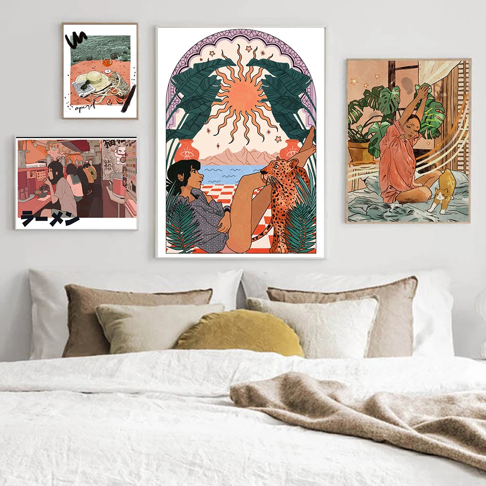 Boho Style Girl Tiger Poster Animal Canvas Painting On The Wall Cheetah Nordic Art Print Morden Picture For Living Room Decor