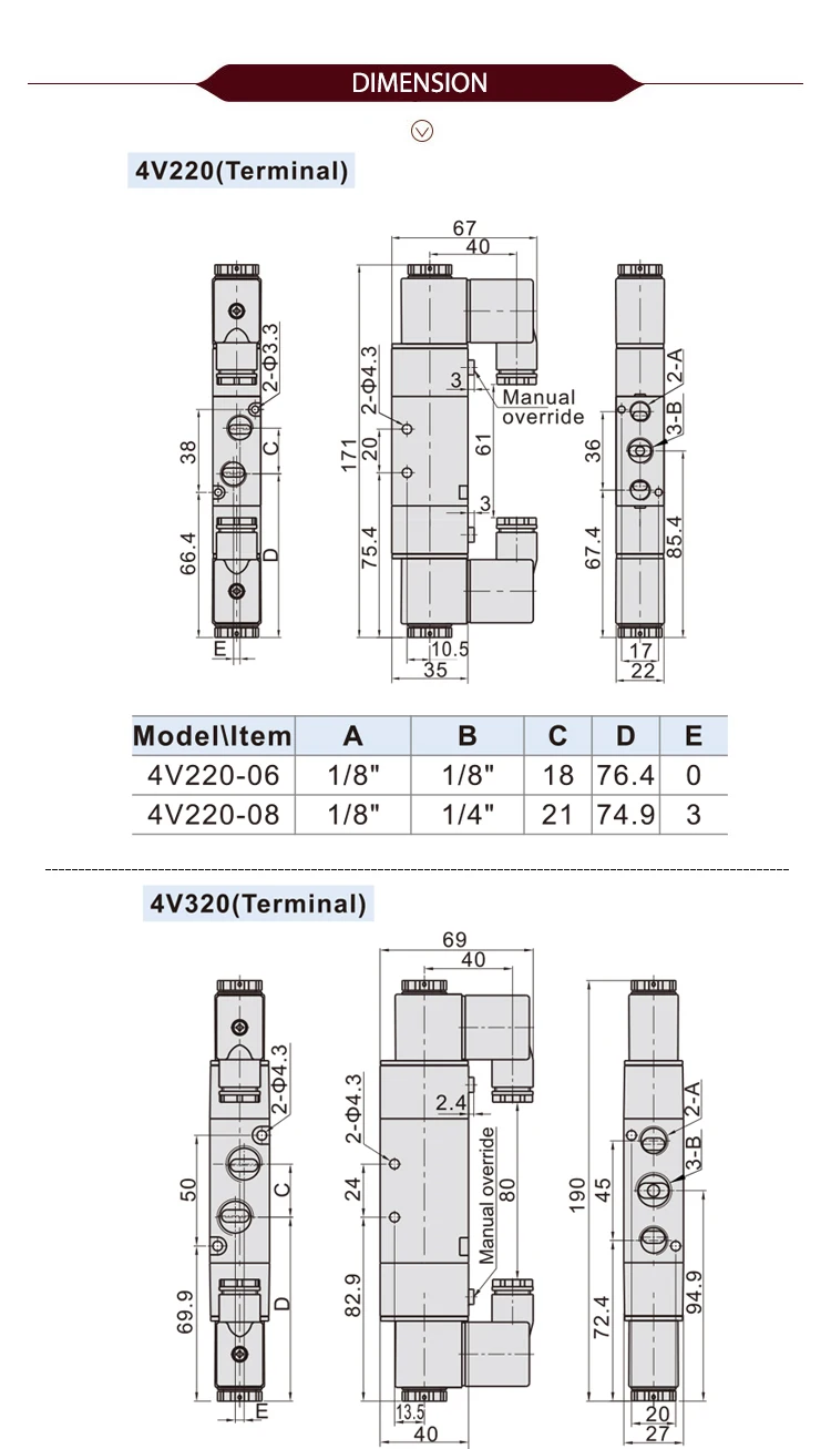 4V220-08/4V320-10/4V420-15 Magnetventil 2 Positionen 5 Anschlüsse Pneumatische Luftventile DC12V DC24V AC110V AC220V Doppelspule – Detail 6