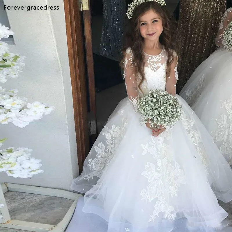 

Princess Long Sleeves Flower Girl Dresses For Weddings Jewel Neck Lace Little Girls Pageant Kids Party Gown