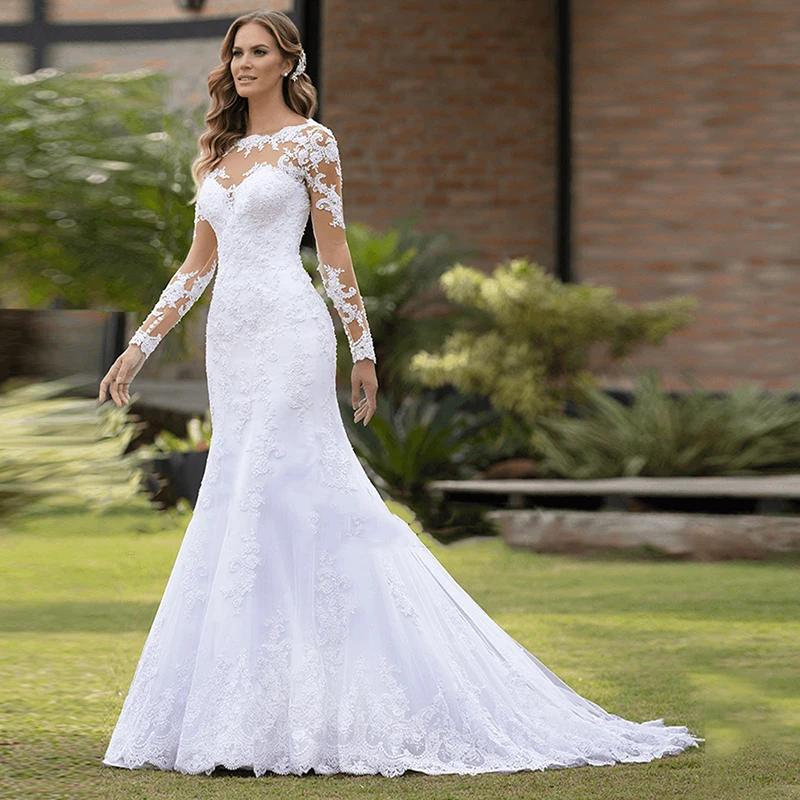 Vestido De novia con apliques De encaje para mujer, traje De boda con foto Real De marfil, cristales, perlas, sirena, botones en la espalda, 2021