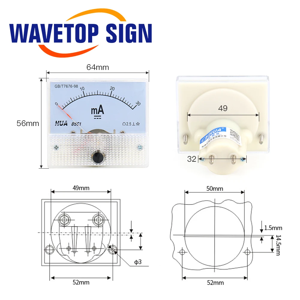 WaveTopSign HUA Ammeter 30mA 50mA 85C1 DC 0-50mA Analog Amp Panel Meter Current for CO2 Laser Engraving Cutting Machine