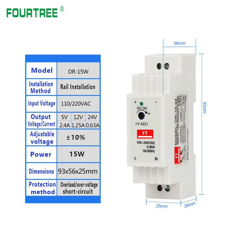 DR-15 15W Industrial DIN Rail Switching Power Supply Single Output 5V 12V 24V AC To DC Converter Power Switch Input 110/240VAC