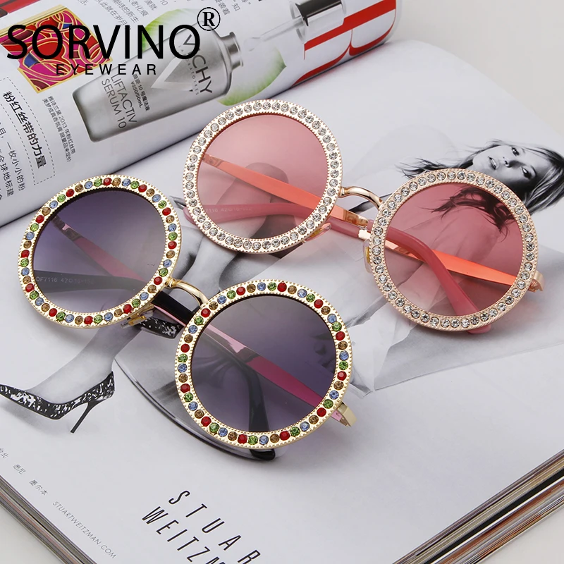 Vintage Diamond Round Sunglasses Women Luxury Brand Gradient Lens Rhinestone Circle Shade Metal Exquisite Sun Glasses For Female