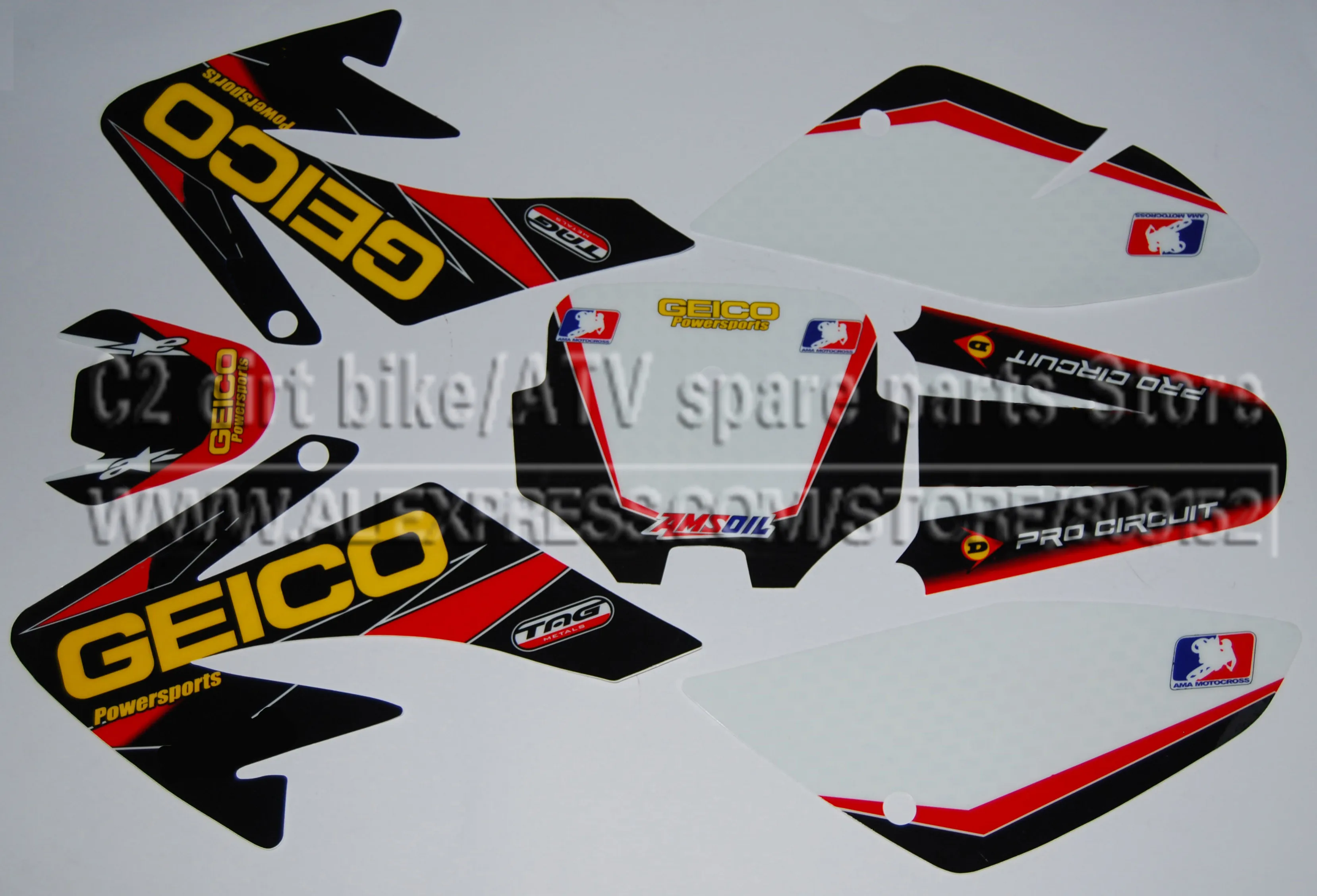 

CRF 70 GEICO GRAPHICS KIT CRF70 DECO DECALS STICKERS DIRT PIT BIKE SENGE Motocross Kayo BSE Use