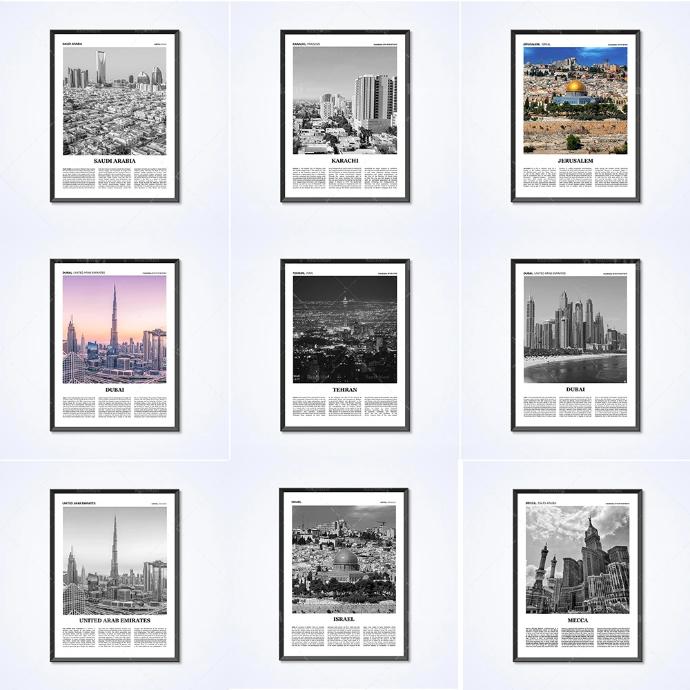 Tourist printing posters in Karachi, Pakistan, Tehran, Iran, Jerusalem, Israel, Mecca, Saudi Arabia, Dubai, United Arab Emirates