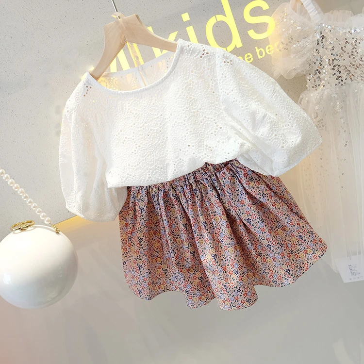 2022 Summer Girls\' Clothing Sets Lace Hollow Tops+Floral Short Skirt 2Pcs Suit Princess Toddler Baby Kids Children Clothes