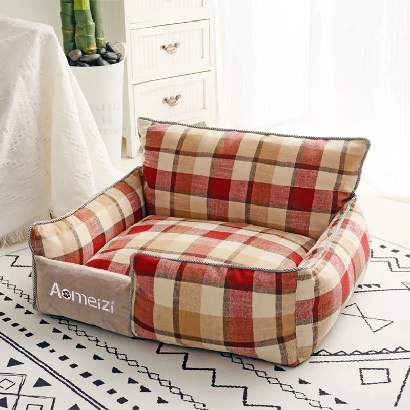 Plaid Pet Bed for Small Medium Large Dog Detachable Kennel All Season Breathable Dogs House Washable Cotton Puppy Sofa