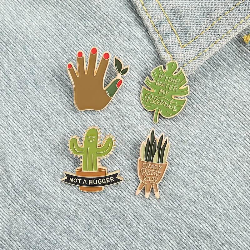 Custom CRAZY PEAMT LADY NOT A HUGGER Idea Enamel Pin Cactus Watering Hug Brooches Lapel Badge Jewelry Gift for Friends Wholesale