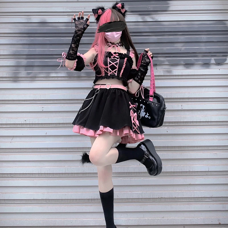 Lolita Girls Sweet Tank Top And Skirt 2-piece set High Waist Ruffles Bow Pleated Skirt Harajuku Cute Cake Mini Skirts