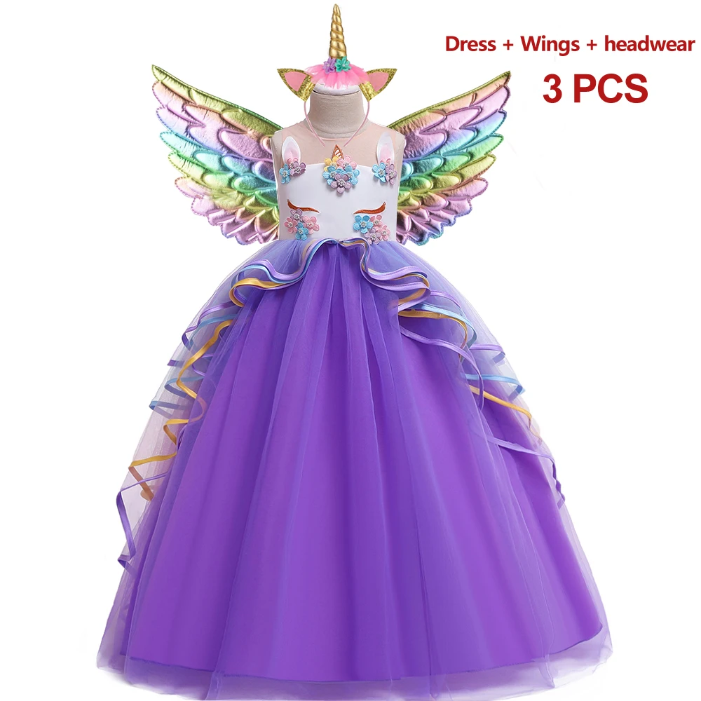 

Kids Unicorn Dress For Girls Flower Appliques Princess Dresses Children Wedding Birthday Party Costume Evening Formal Gown