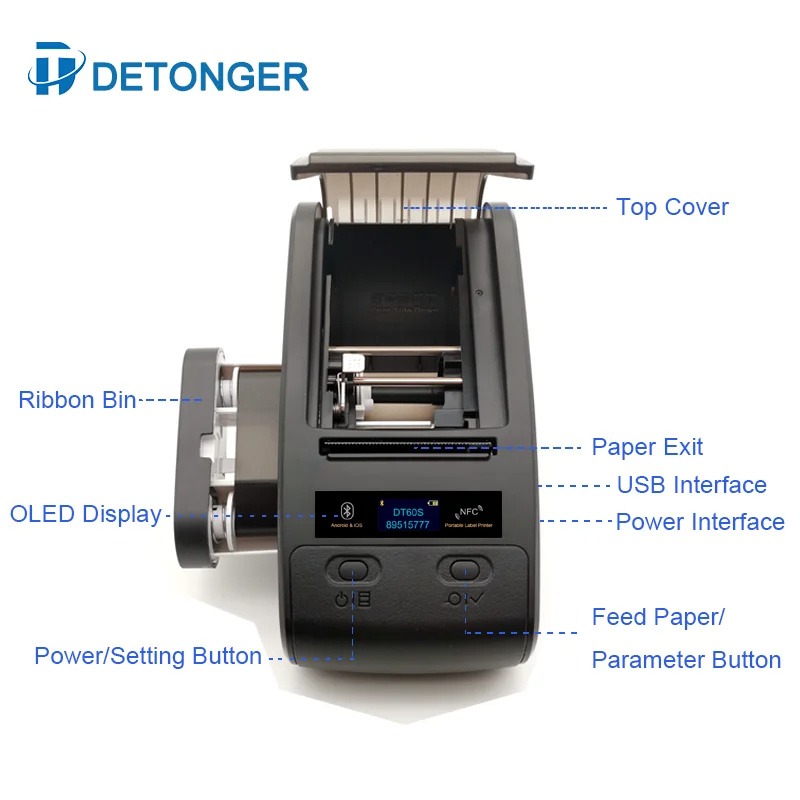 DETONGER DT60S Portable Thermal Transfer Printing Machine for Outdoor Using 300dpi with Ribbon Cable Label Printer Android iOS