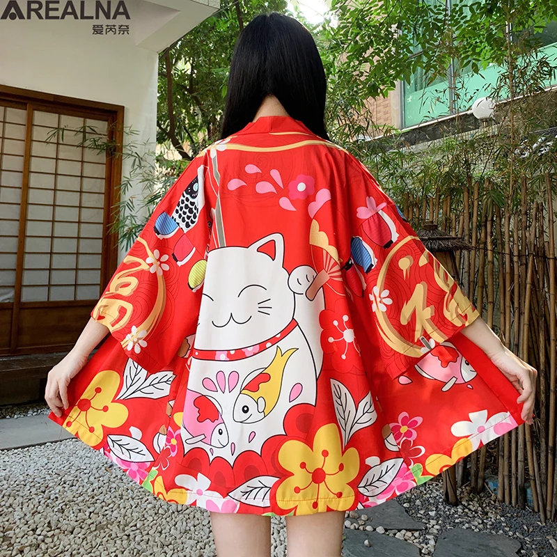 

Women's Kimono Cardigan Japanese Fashion Lucky Cat Anime Haori Blouses and Shirts Kimonos Summer Beach Cape Traditional Clothing