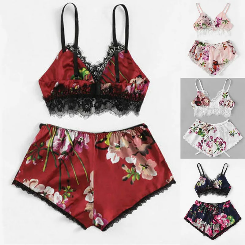 

2Pcs Women's Sexy Lingerie Satin Sets Summer Sleeveless Floral Crop Tops Shorts Sexy Sleepwear Babydoll Nightdress Pajamas Set