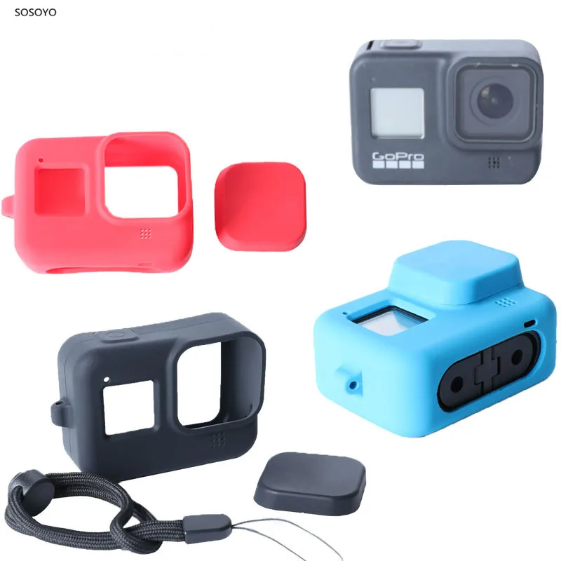 Capa protetora de silicone 3 em 1, proteção de silicone macio, cordão preto, azul e vermelho para gopro hero 8 acessórios para câmeras