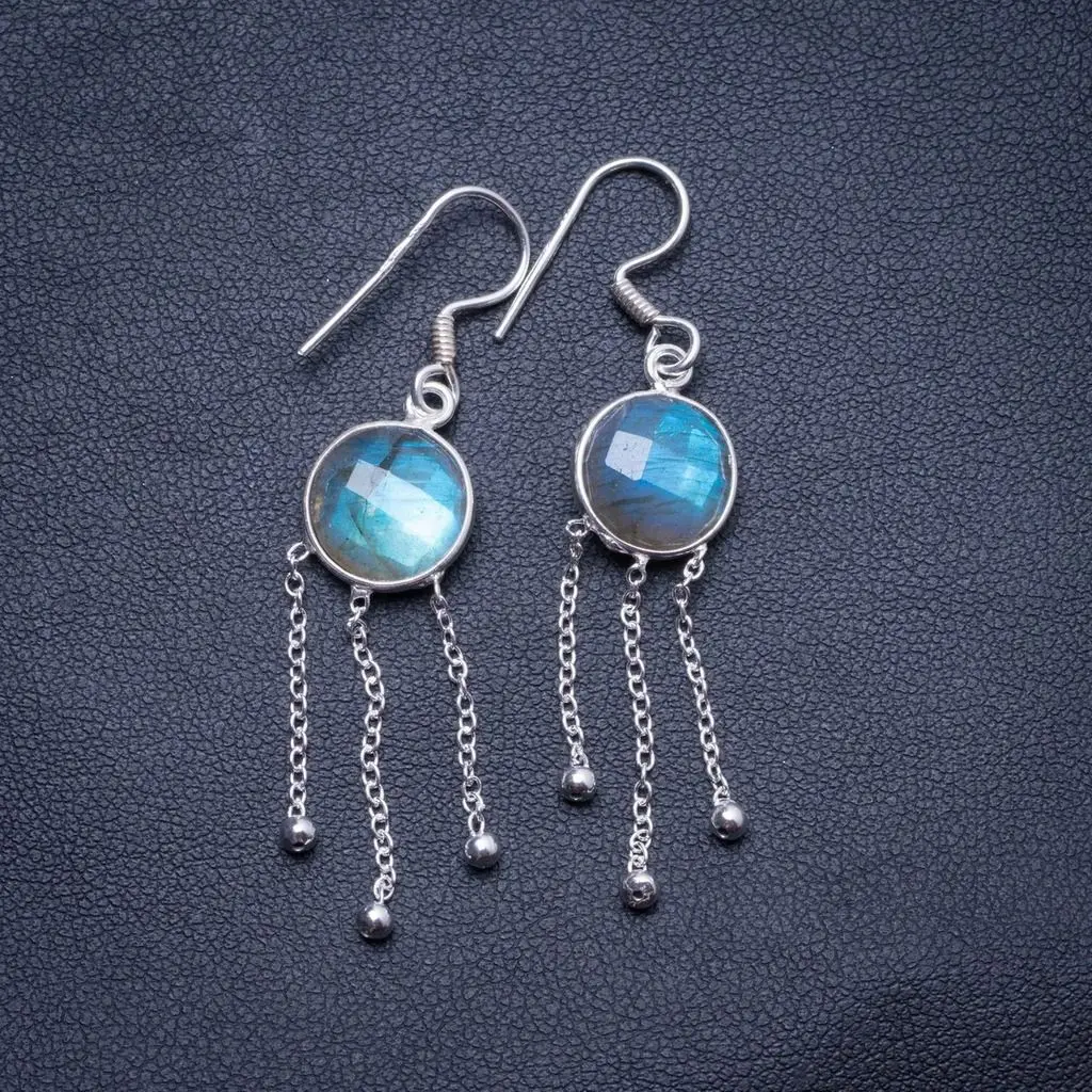 

Natural Labradorite Handmade Unique 925 Sterling Silver Earrings 1.75" X4322