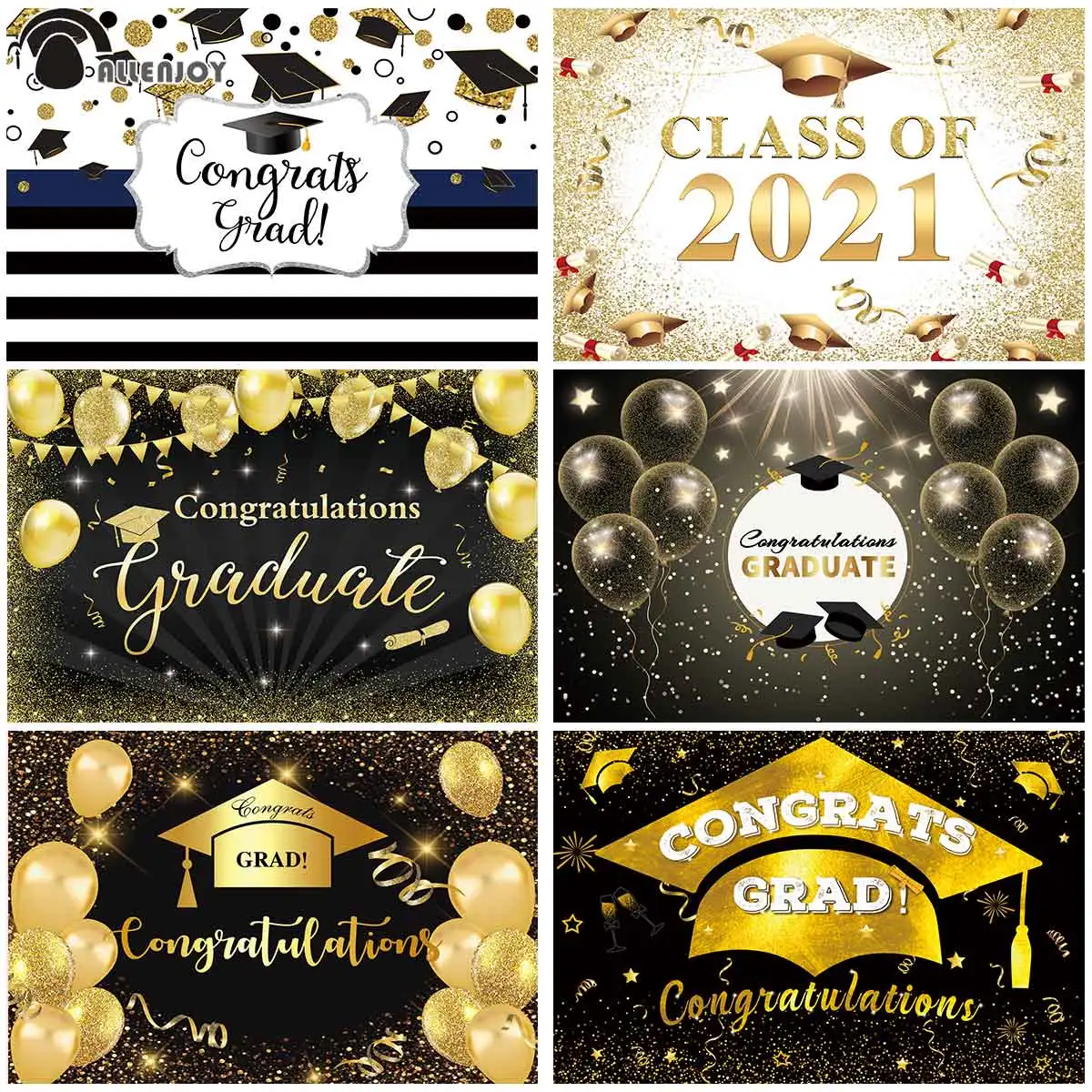 

Allenjoy 2022 Graduation Photocall Glitter Gold Black Backdrop Balloon Bachelor Cap Ribbon Student Party Photophone Photography