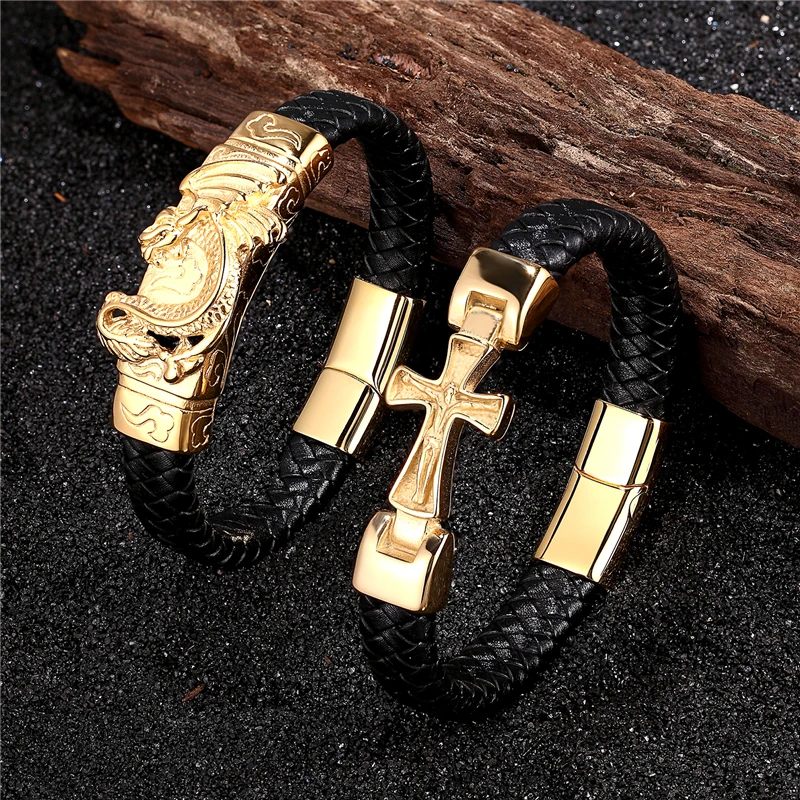 MKENDN Cross Style Classic Handmade Leather Chain Braided Men Bracelets Fashion Magnet Clasp 316L Stainless Steel Wristband