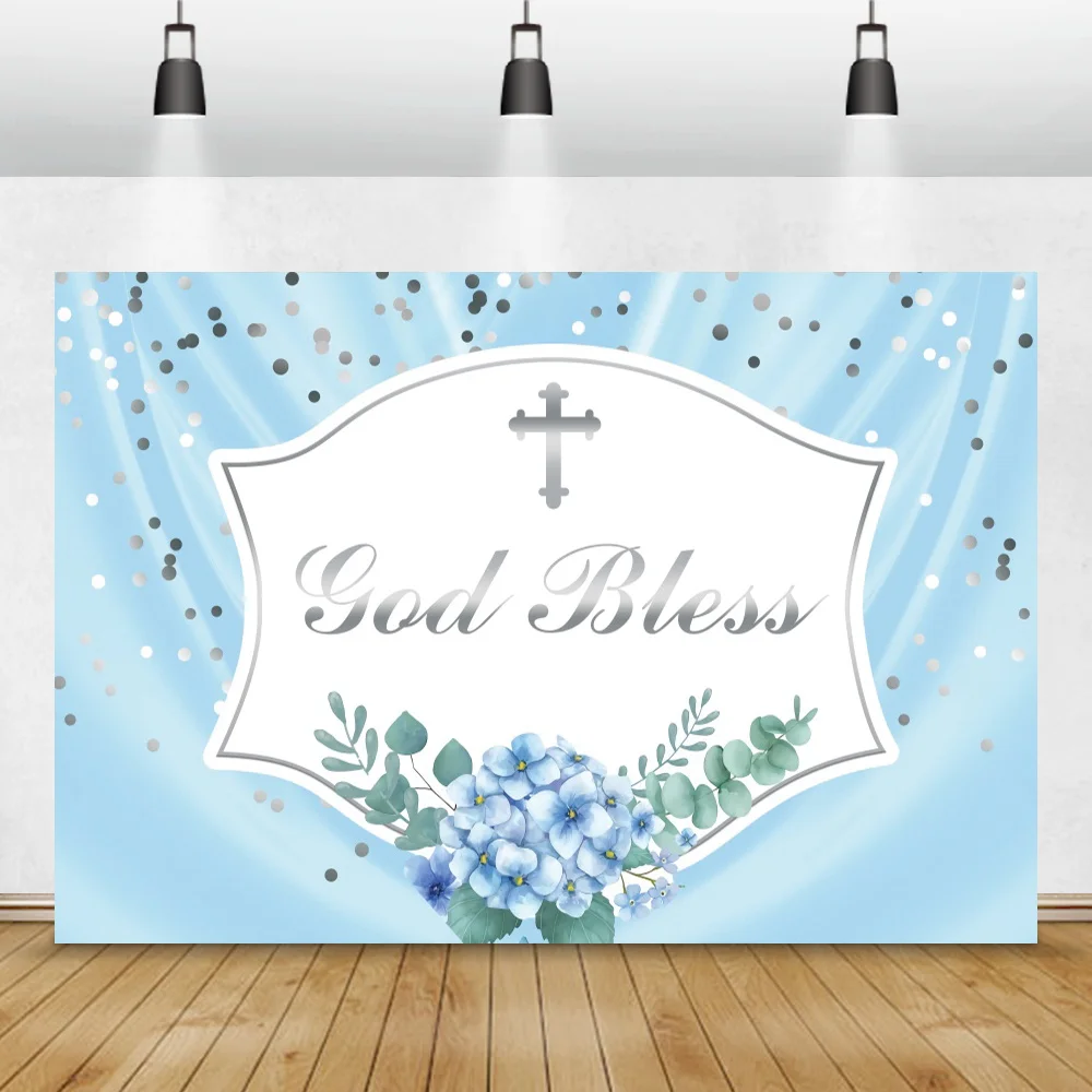 God Bless Backdrop Baptism Party First Holy Communion Christening Banner Decor Blue Flower Boy Baby Shower Photograph Background