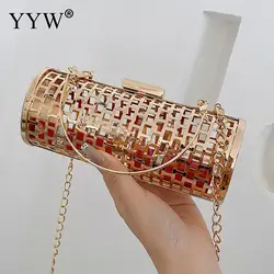 Matel Cylindrical Evening Handbags for Women 2024 Trend Hollow Out Metal Top Handle Mini Party Tote Bags Shoulder Messenger Bags