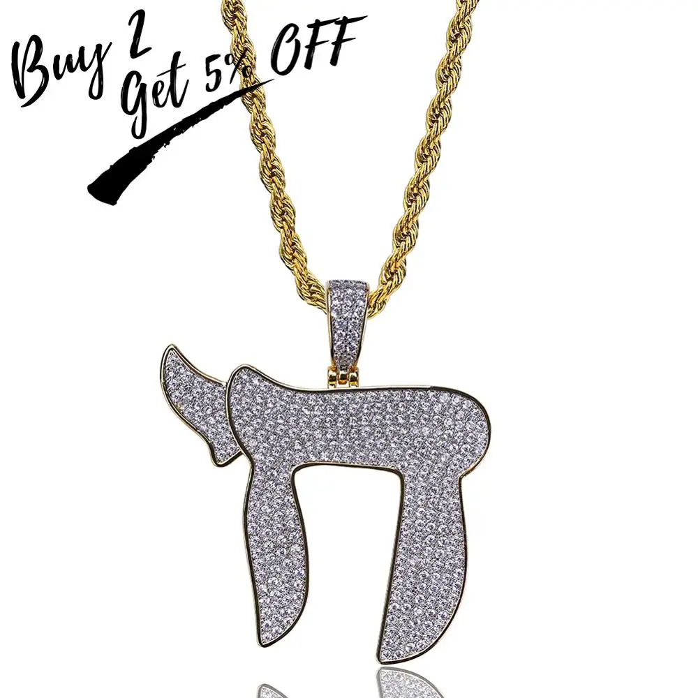 TOPGRILLZ Gold Color Plated Iced Out Micro Pave CZ Stone Jewish Symbol Chai Charms Pendant Necklace Hip Hop For Men Women